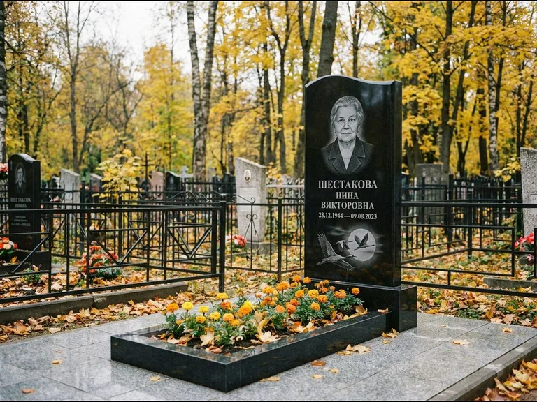 Памятник с гравировкой журавлей — гравировка клина журавлей на фоне солнечного диска, работа «Шестакова» в Кемерово
