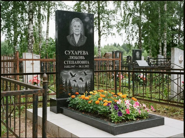 Памятник с гравировкой журавлей — гравировка силуэтов журавлей над еловым лесом, работа «Сухарева» в Кемерово