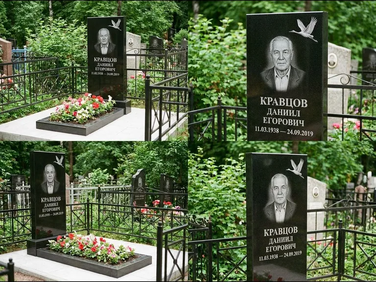 Памятник с гравировкой журавлей — белая гравировка клина журавлей, уходящего в верхний угол ст, работа «Кравцов» в Кемерово