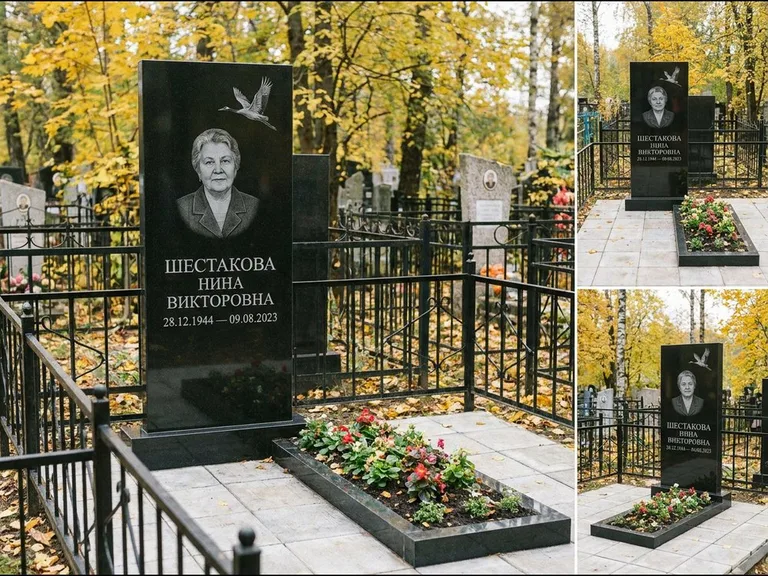Памятник с гравировкой журавлей — гравировка одиночного летящего журавля над портретом, работа «Шестакова» в Кемерово