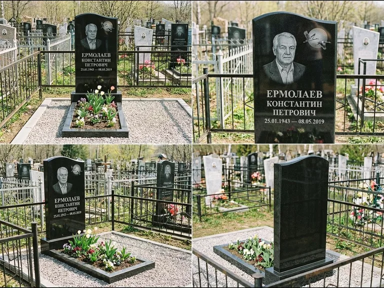 Памятник с гравировкой журавлей — гравировка клина журавлей на фоне солнечного диска, работа «Ермолаев» в Кемерово