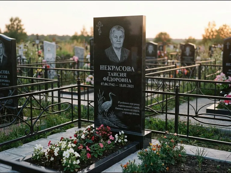 Памятник с гравировкой журавлей — гравировка журавля у камышей рядом с эпитафией, работа «Некрасова» в Кемерово