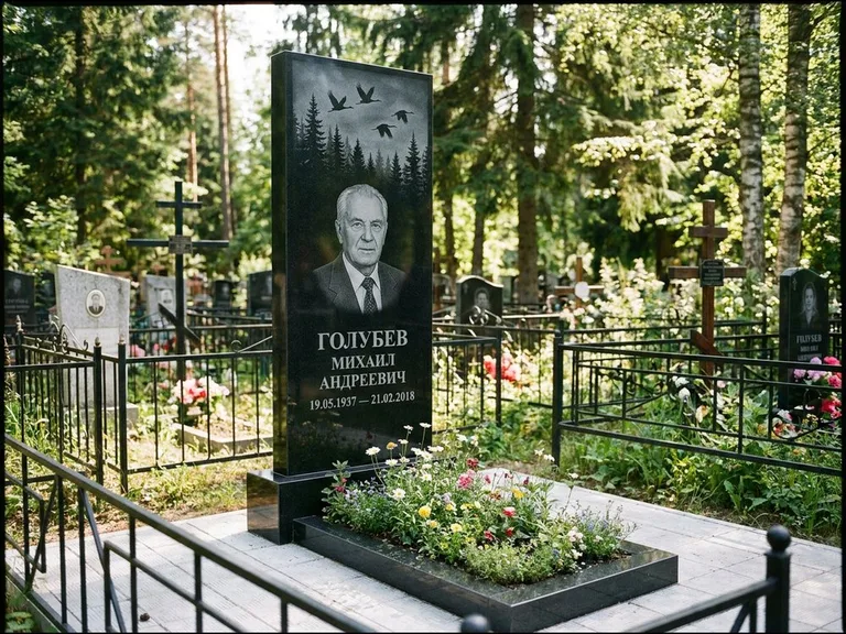 Памятник с гравировкой журавлей — гравировка силуэтов журавлей над еловым лесом, работа «Голубев» в Кемерово
