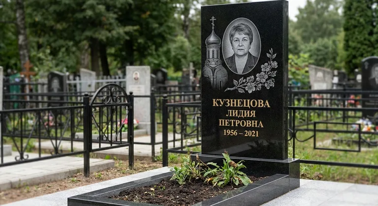 Памятник с художественной гравировкой, Пример гранитного памятника и благоустройства участка от мастерской «Мастер Каменев»