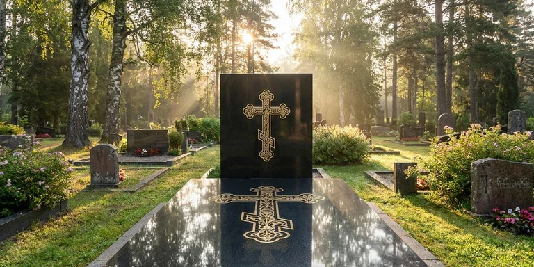 Гравировка креста на памятнике в Кемерово — православный восьмиконечный крест на граните