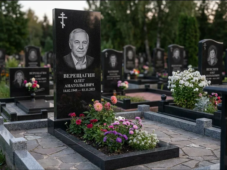 Памятник из чёрного гранита — горизонтальная плита-стела с православным восьмиконечным крестом, работа «Тихонов» в Кемерово