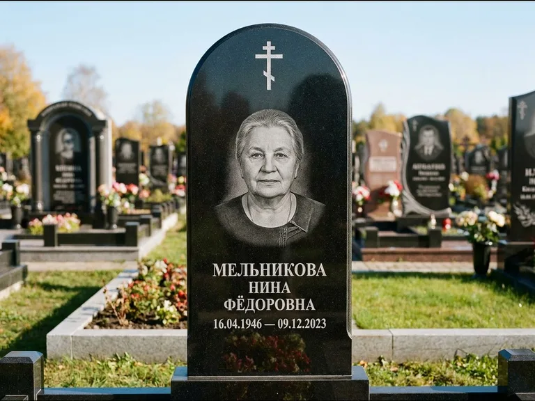 Памятник из чёрного гранита — стела с резным навершием с латинским крестом, работа «Савельева» в Кемерово