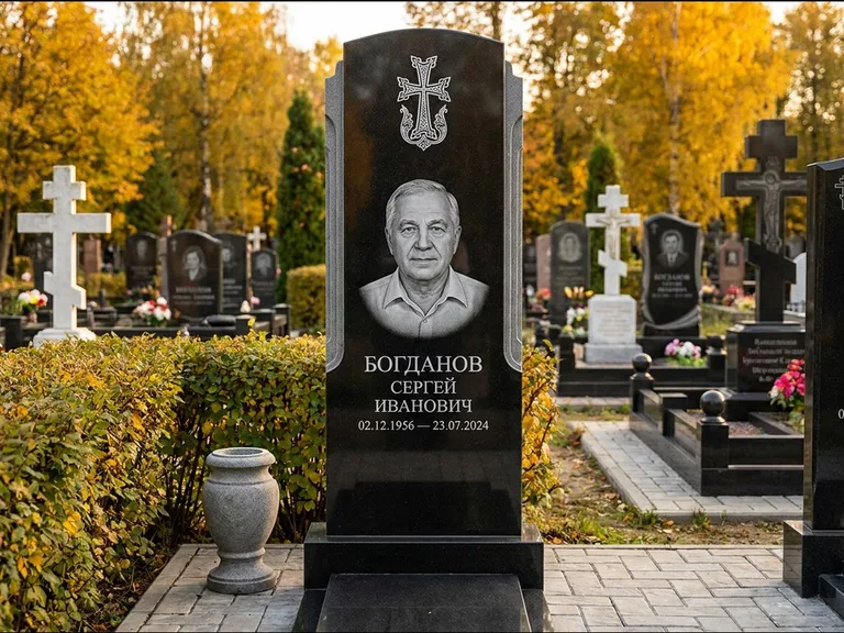 Памятник из чёрного гранита — круглая стела-медальон с армянским хачкаром, работа «Ковалёв» в Кемерово
