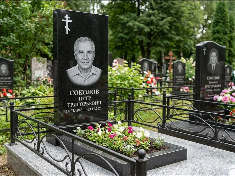 Памятник из чёрного гранита — стела с арочным верхом с православным восьмиконечным крестом, работа «Ковалёв» в Кемерово