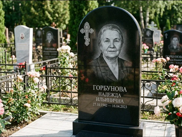 Памятник из чёрного гранита — стела с боковой колонной с крестом в лучах, работа «Мельникова» в Кемерово