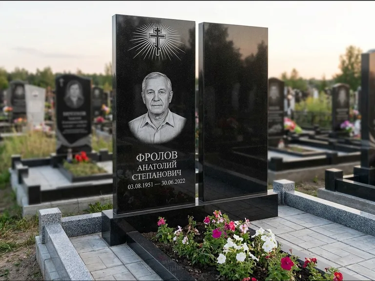 Памятник из чёрного гранита — стела на ступенчатом постаменте с золочёным крестом, работа «Богданов» в Кемерово