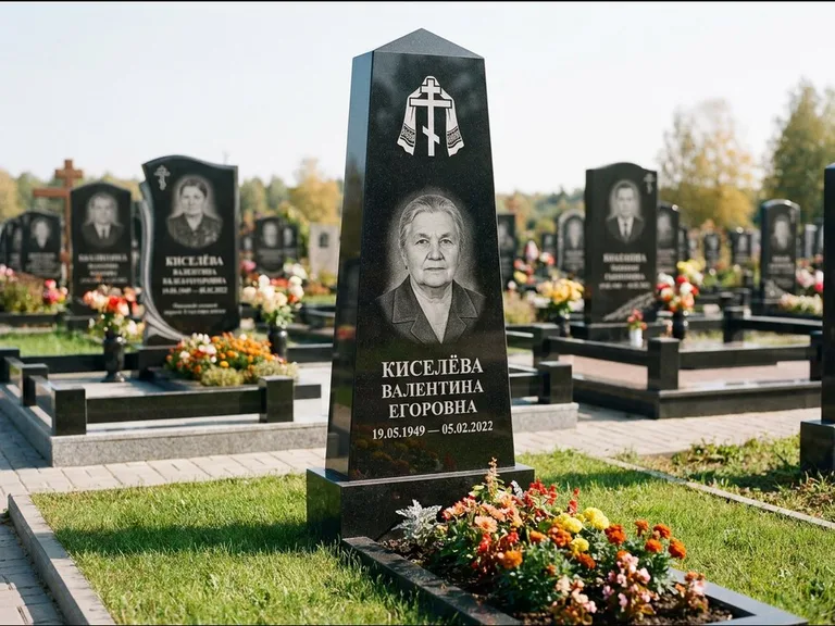 Памятник из чёрного гранита — стела со скошенным верхом с ажурным резным крестом, работа «Селезнёва» в Кемерово