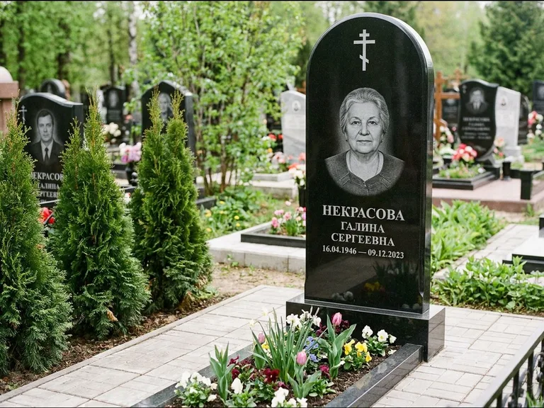 Памятник из чёрного гранита — стела с цветником-плитой с латинским крестом, работа «Лаврентьева» в Кемерово
