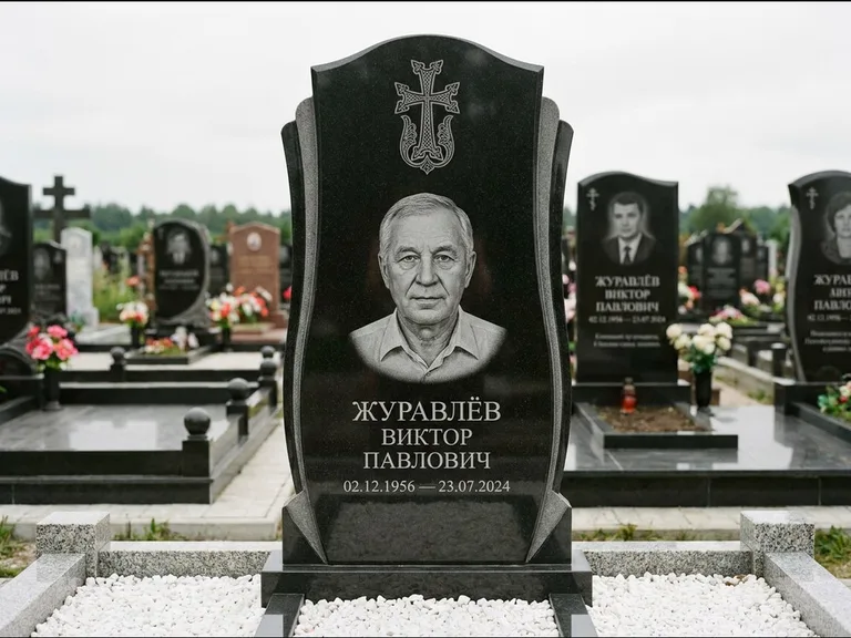 Памятник из чёрного гранита — панорамная стела с армянским хачкаром, работа «Тихонов» в Кемерово