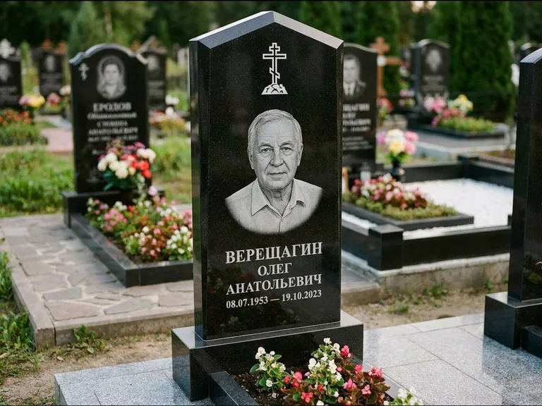 Памятник из чёрного гранита — обелиск-колонна с крестом на Голгофе, работа «Ковалёв» в Кемерово