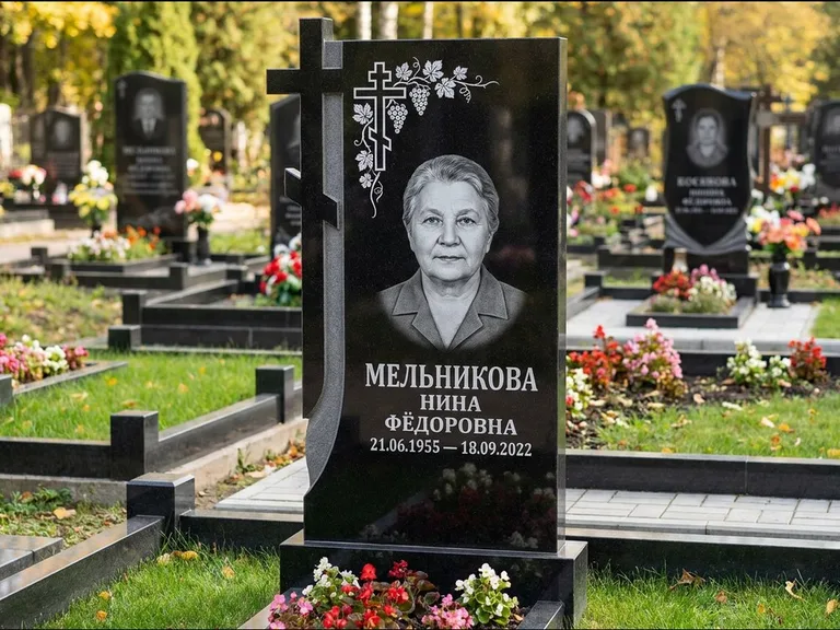 Памятник из чёрного гранита — стела с резной рамкой с крестом с распятием, работа «Некрасова» в Кемерово