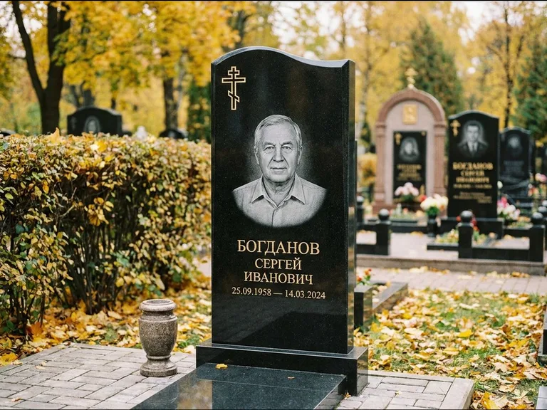 Памятник из чёрного гранита — стела с цветником с процветшим крестом с виноградной лозой, работа «Журавлёв» в Кемерово