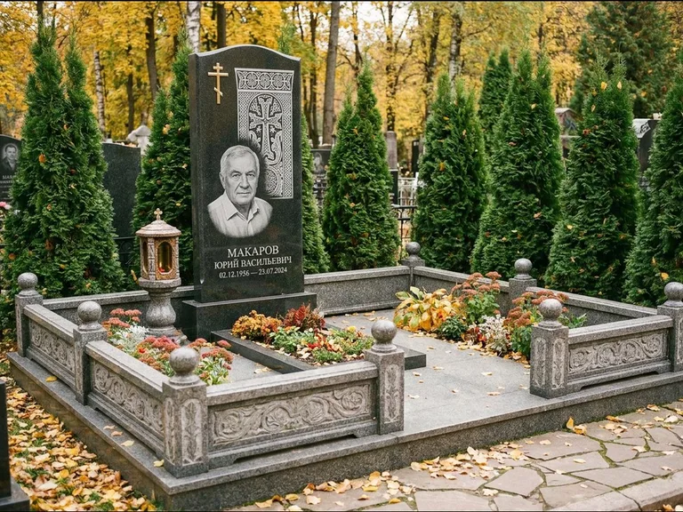 Памятник из чёрного гранита — стела с крестом и лампадой с армянским хачкаром, работа «Гущин» в Кемерово