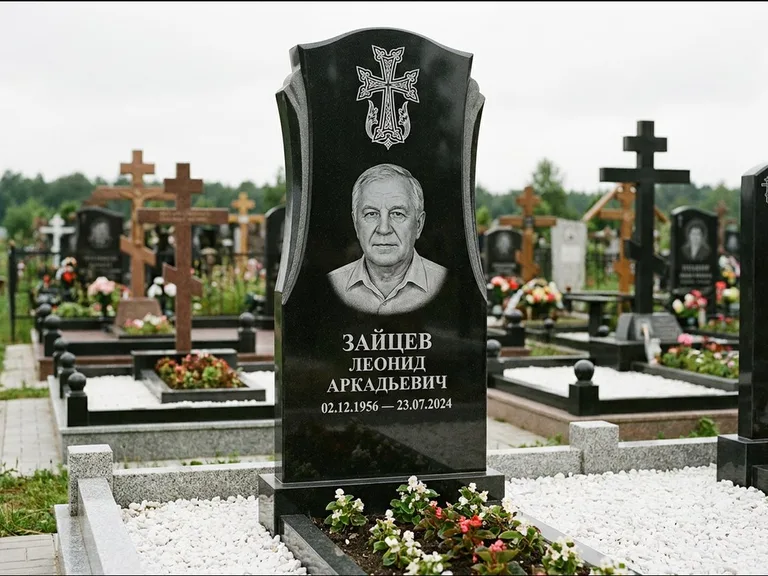 Памятник из чёрного гранита — семейная стела на двоих с армянским хачкаром, работа «Журавлёв» в Кемерово
