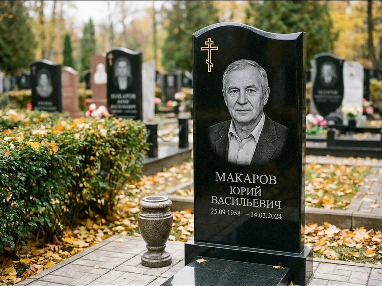 Памятник из чёрного гранита — фигурная стела с киот-нишей с процветшим крестом с виноградной лозой, работа «Богданов» в Кемерово