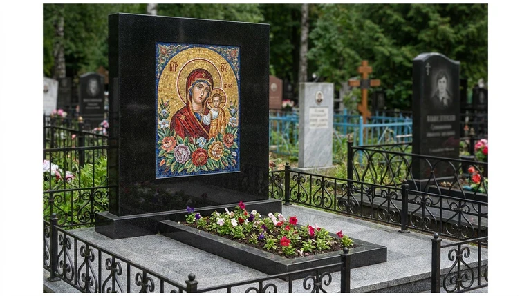Мозаика на памятник в Кемерово — цветное панно из смальты на чёрной гранитной стеле