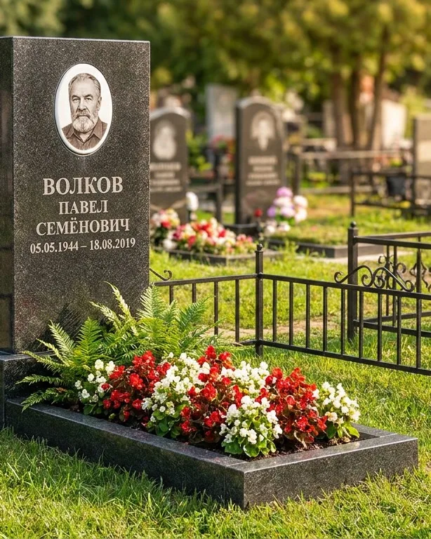 Тёмно-серый памятник под ключ с художественной гравировкой в Кемерово
