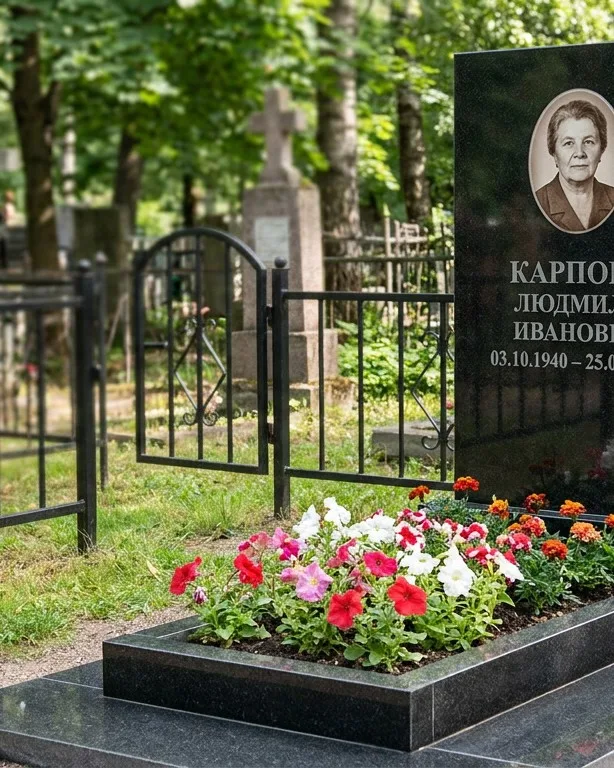 Памятник под ключ с низкой оградой и цветником в Кемерово