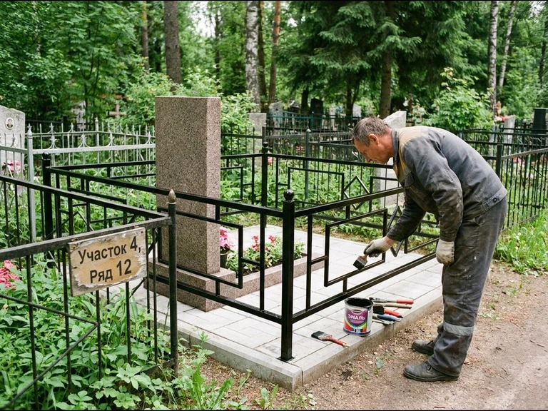 Покраска оградки на кладбище в Кемерово — мастер красит металлическую ограду на могиле чёрной эмалью