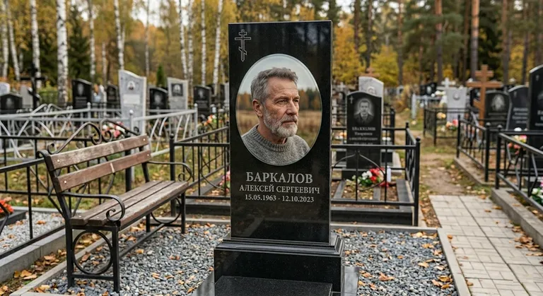Овальный портрет на стекле на чёрной гранитной стеле в Кемерово