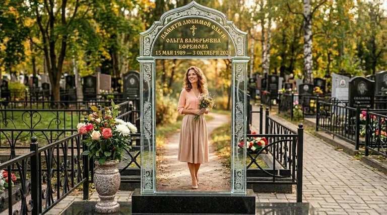 Портрет на стекле в форме арки на памятнике в Кемерово