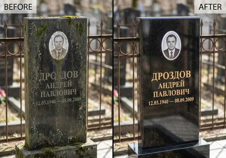 Чистка и полировка гранитного памятника: до и после в Кемерово