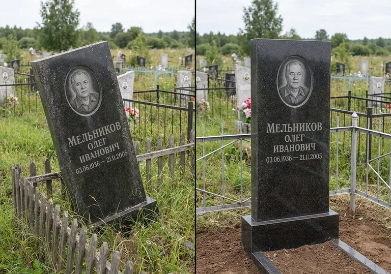 Выравнивание наклонившегося памятника: до и после в Кемерово