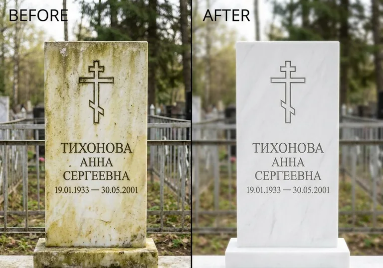 Восстановление мраморного надгробия от желтизны: до и после в Кемерово
