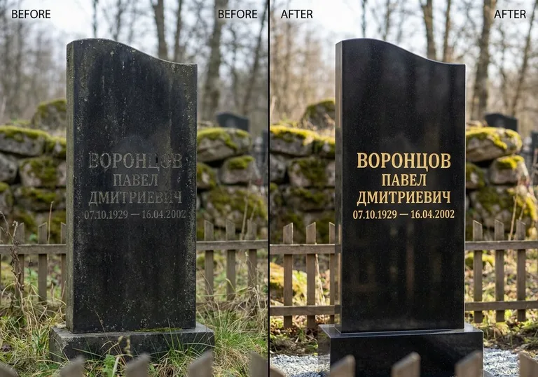 Золочение и обновление надписей на памятнике: до и после в Кемерово