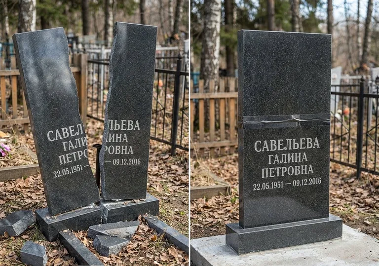 Склейка расколотого гранитного памятника: до и после в Кемерово
