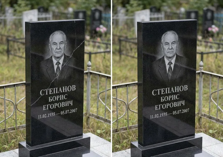 Восстановление надписи и портрета на памятнике: до и после в Кемерово