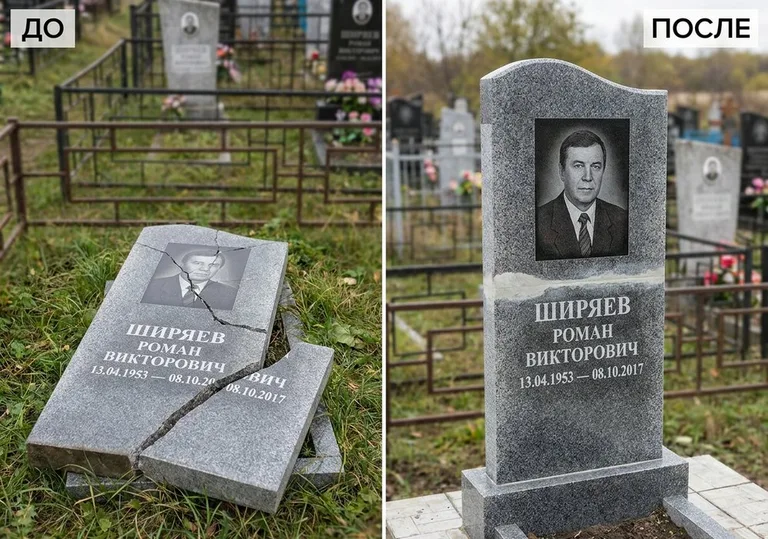 Обновление золочёных букв на граните: до и после в Кемерово
