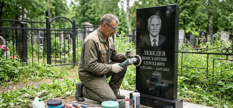 Реставрация памятника в Кемерово — восстановление гранита, заделка трещин и обновление надписей на кладбище