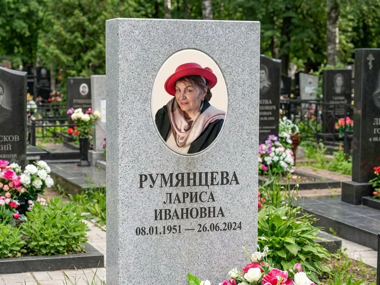Портрет на памятнике в Кемерово — Цветной портрет → овальная фотокерамика на светлом камне