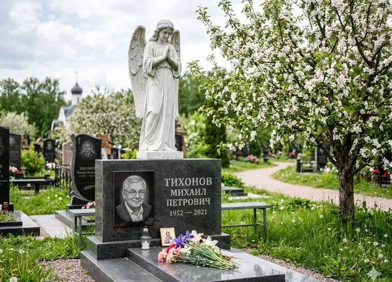 Мраморный молящийся ангел на гранитном памятнике весной в Кемерово