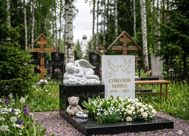 Белый ангелочек на детском памятнике в Кемерово