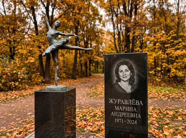 Бронзовая балерина на постаменте рядом со стелой осенью в Кемерово