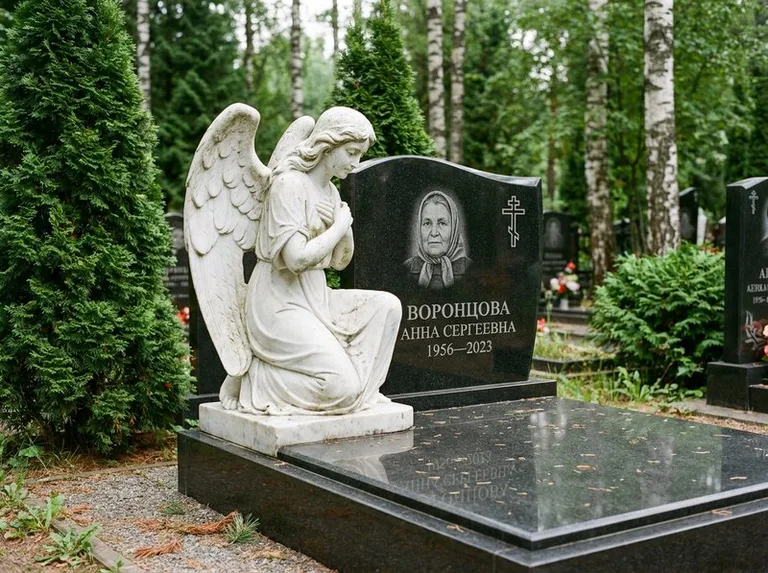 Белый мраморный ангел на гранитном памятнике в Кемерово