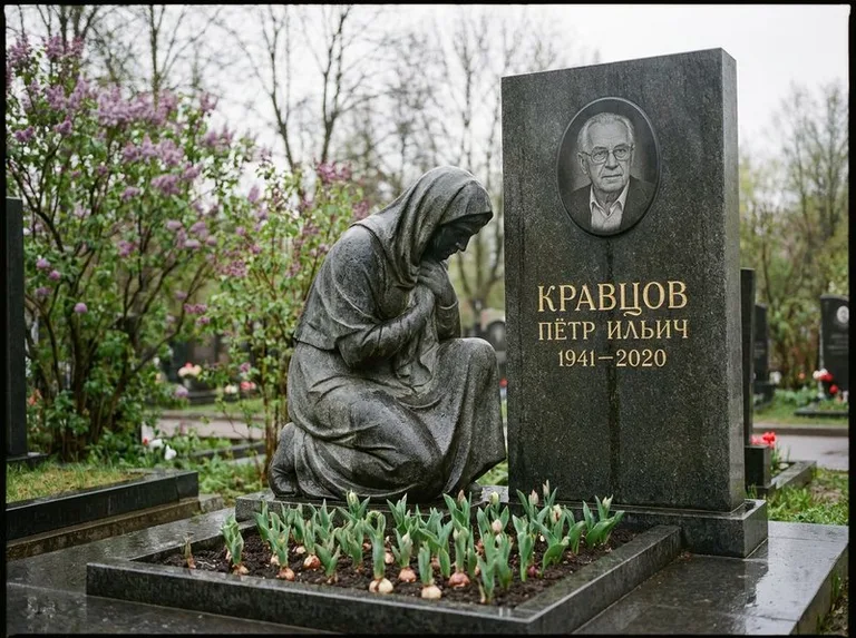 Гранитная скорбящая фигура у стелы на кладбище в Кемерово