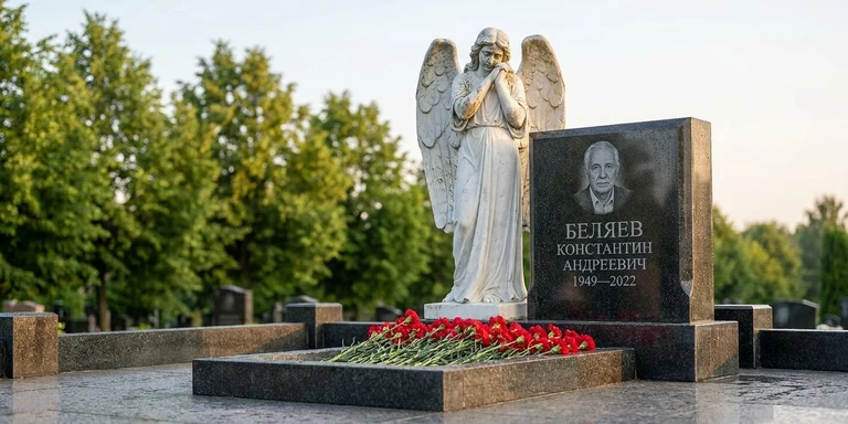 Скульптура на памятник в Кемерово — мраморный ангел на гранитном мемориале