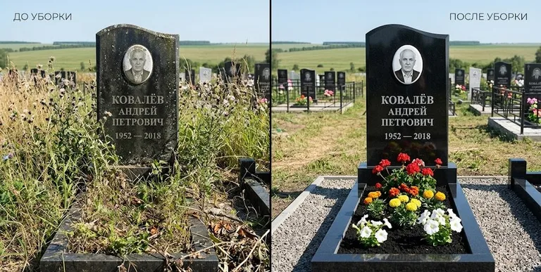 Уборка могилы до и после — ухоженный участок в Кемерово