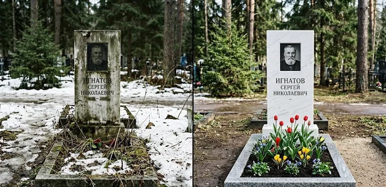 Диптих №6: высадка хризантем у подножия серого гранита — до и после уборки в Кемерово