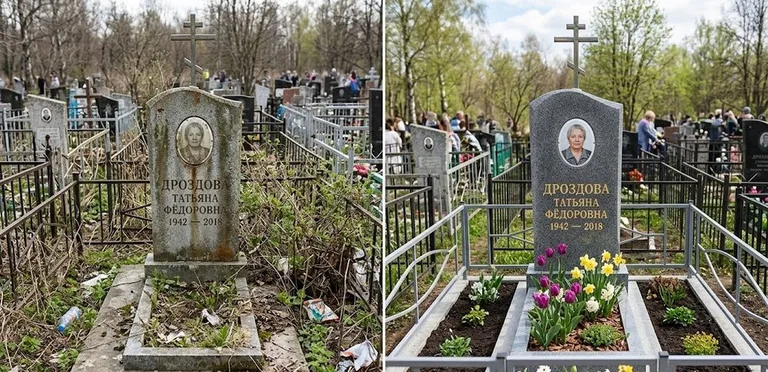 Диптих №4: свежепокрашенная серебром оградка и отмытый красный гранит — до и после в Кемерово