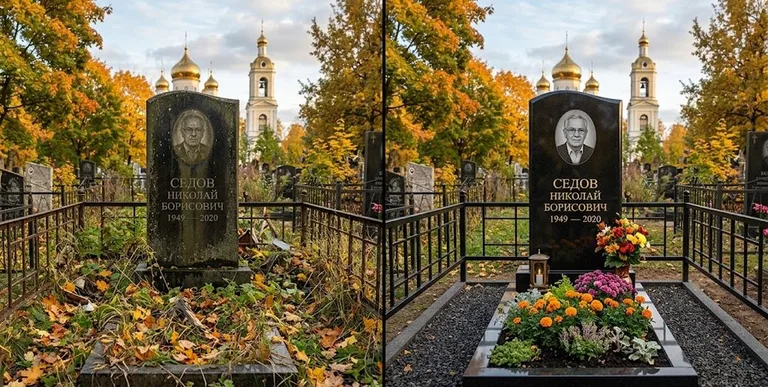 Уборка могилы до и после осенью — у церкви в Кемерово