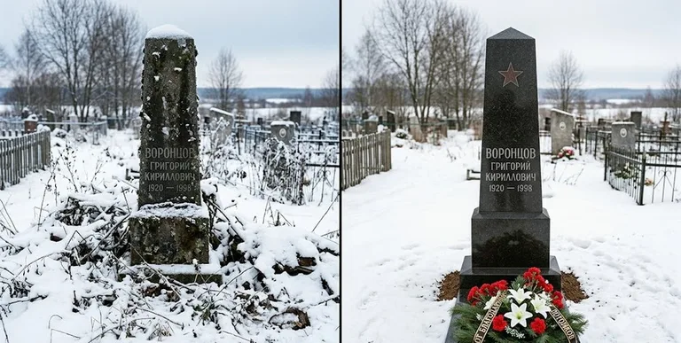 Уборка могилы до и после зимой — воинский обелиск в Кемерово